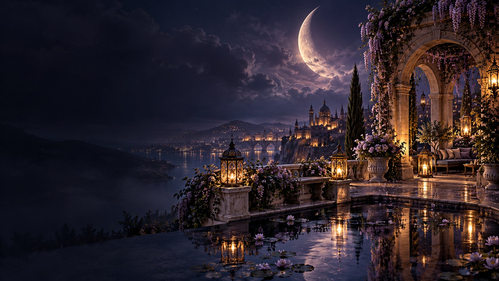 A moonlit rooftop garden with stone archways, lanterns and a distant city