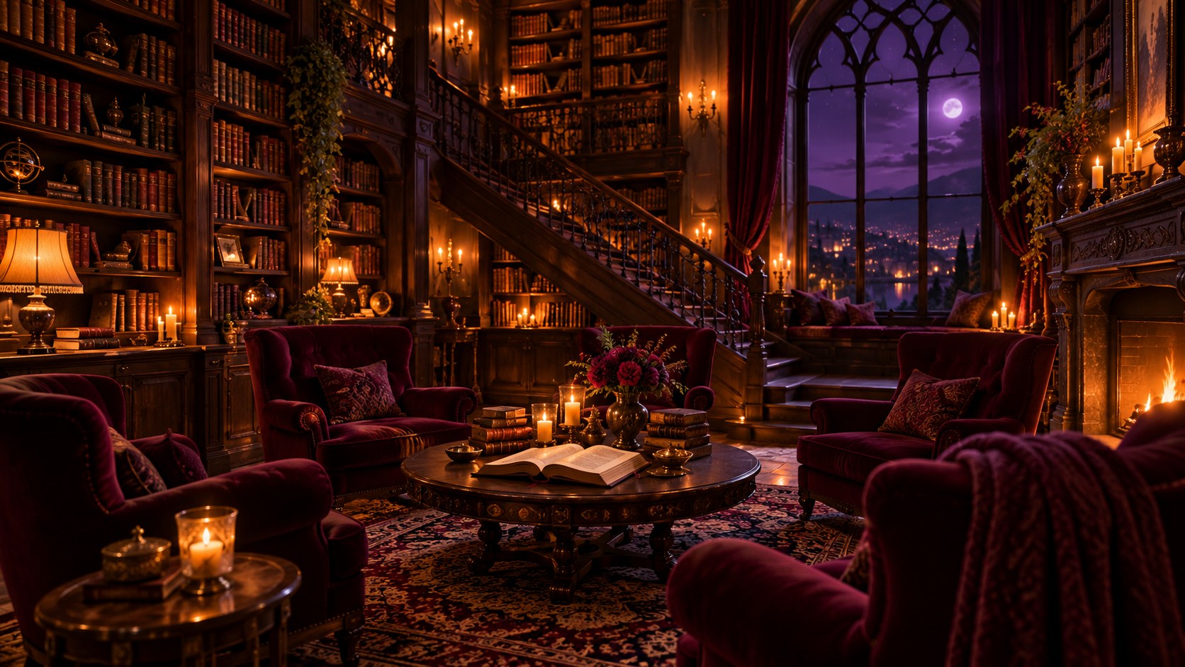 A warm, candlelit hidden library