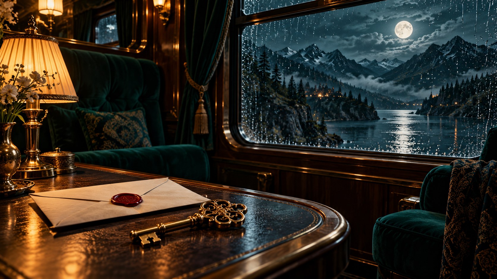 A midnight train compartment with a mysterious key and envelope